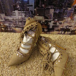 Taupe - Suede Stencil Lace Up Gladiator Heels